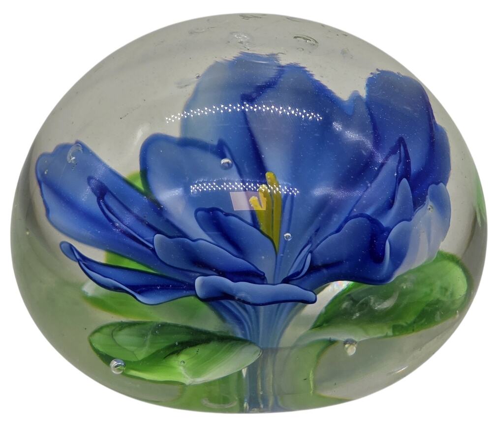 BLUE FLORAL ART GLASS PAPERWEIGHT 3" X 2"